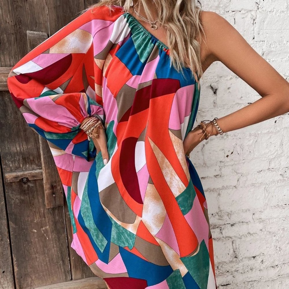 Contemporary Boho Geo Print Lantern Sleeve Asymmetrical Hem Dress - Picture 3 of 5